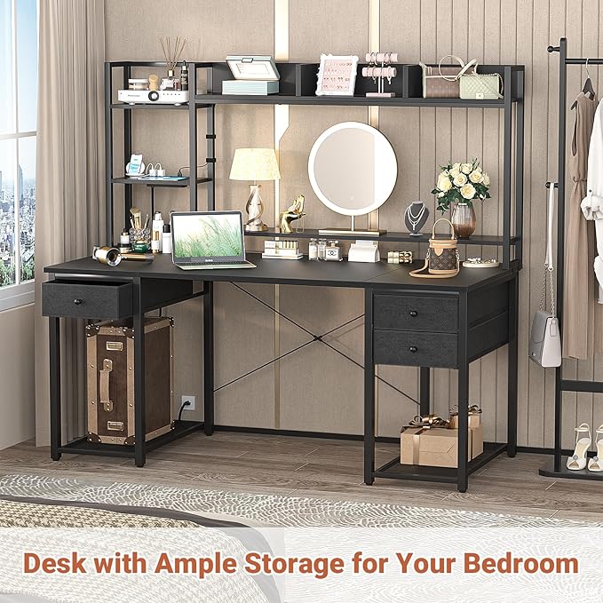 Aheaplus Desk with LED and Outlets, Gaming Desk with Hutch, 55.2'' Computer - Image 6