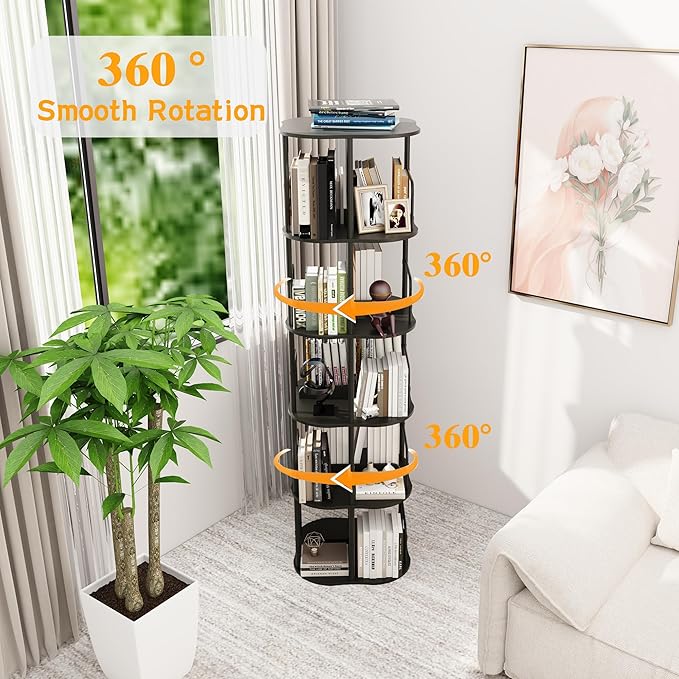 5-Tier Rotating Bookshelf, 360 ° Display Stackable Spinning Bookshelf Tower - Image 4
