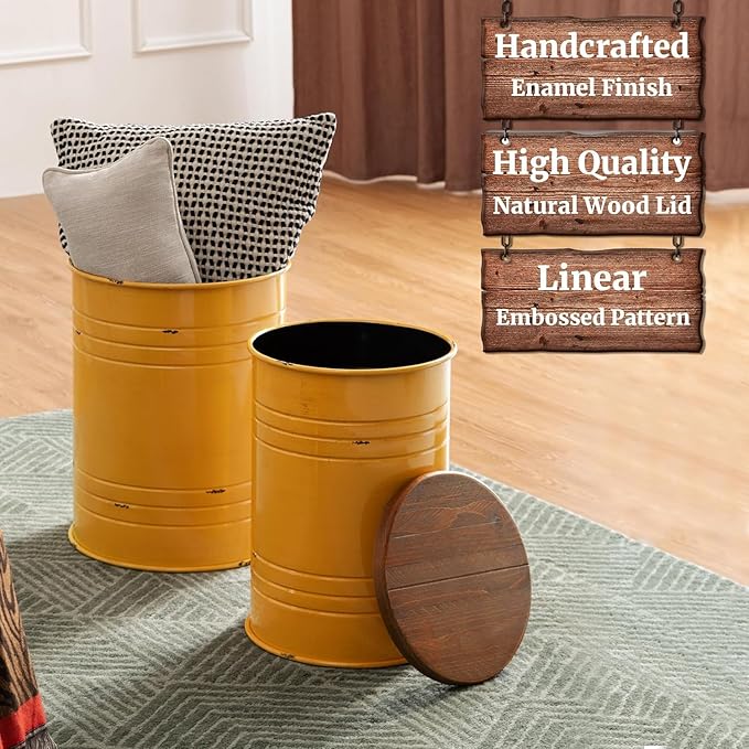 Glitzhome Farmhouse Accent Side Table, Metal Storage Stool Ottoman - Image 3