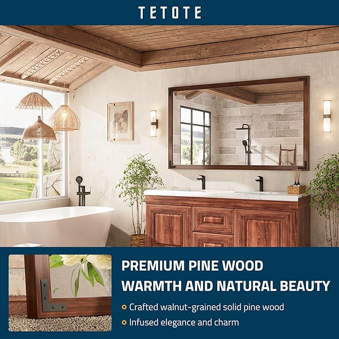 TETOTE 60 x 36 Rustic Bathroom Mirror Wood Frame, Waterproof Walnut Brown - Image 2