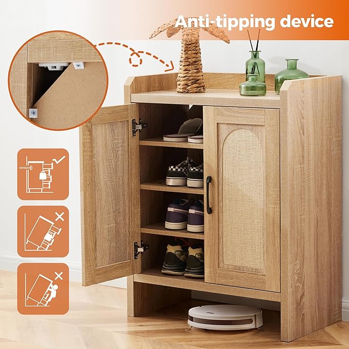 Shoe Cabinet Storage for Entryway, Natural Rattan Shoe Storage Cabinet - Image 7