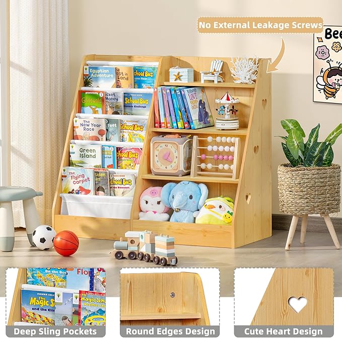 Lerliuo 4 Tier Kids Bookshelf and Storage Organizer, Five Layer Sling Children - Image 5
