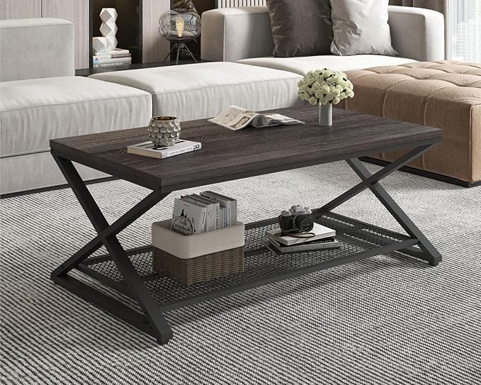 LVB Industrial Grey Coffee Table, 2 Tier Wood Metal Living Room Table, Wooden - Image 3