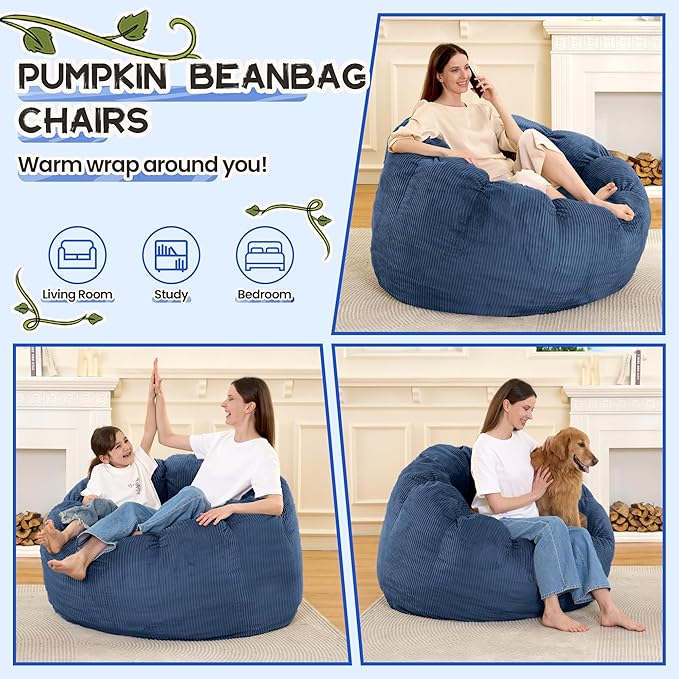 HABUTWAY Giant Bean Bag Chair for Adults/Kids/Teens, Pumpkin Bean Bag Couch - Image 3