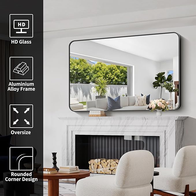 Bathroom Mirror, 55x36 inch Black Rectangle Wall Mirror, Metal Frame Rounded - Image 4