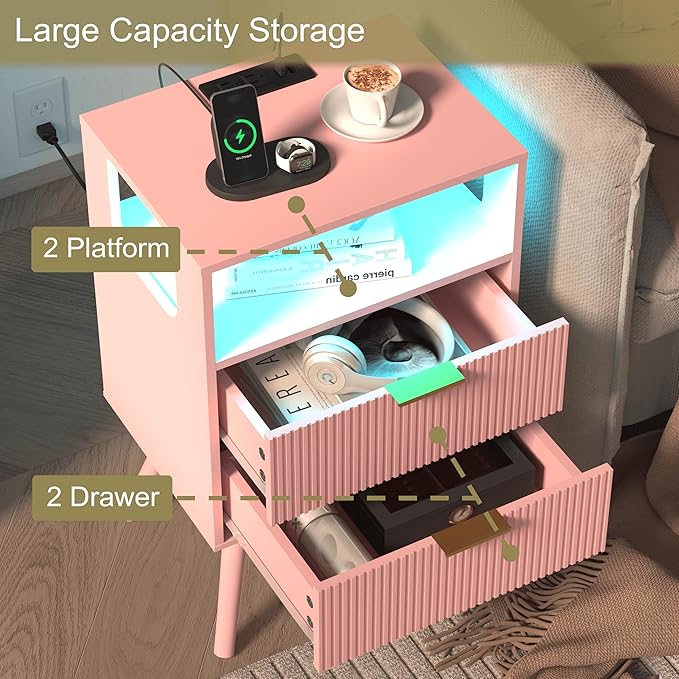 Pink Nightstand with Charging Station and LED Lights, Modern Bedside Table with - Image 4