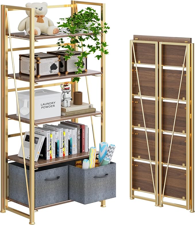 4NM No Assembly Folding Bookshelf, 5-Shelf 62.2" H Collapsible Foldable by 4NM