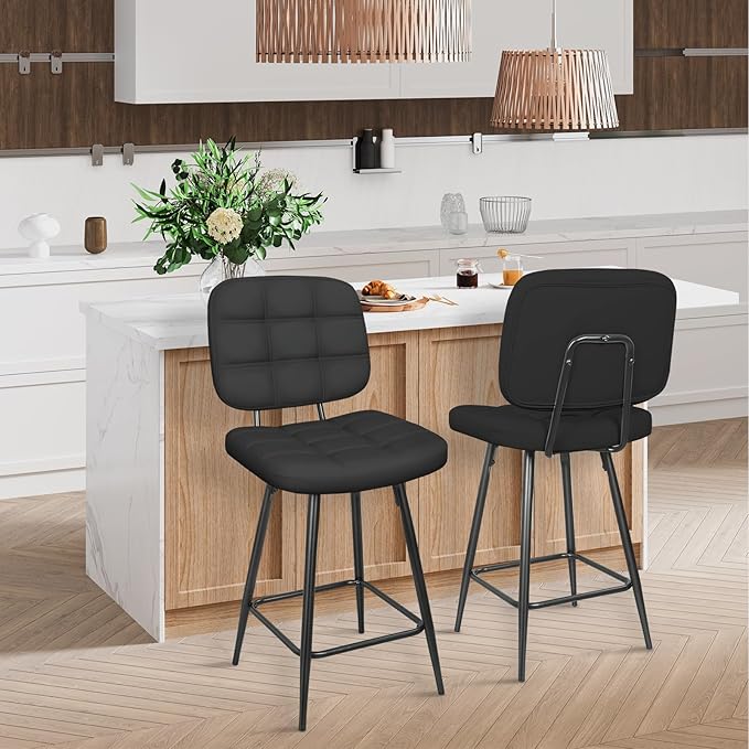 Bar Stools Set of 2, 24 Inch Upholstered Metal Barstool - Image 2