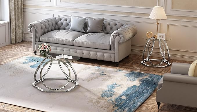 O&K FURNITURE Glass Coffee Table, Modern Silver Coffee Table Living Room Table - Image 8