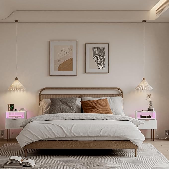 Modern Nightstand with Charging Station and LED Lights, Fluted Side Table - Image 5