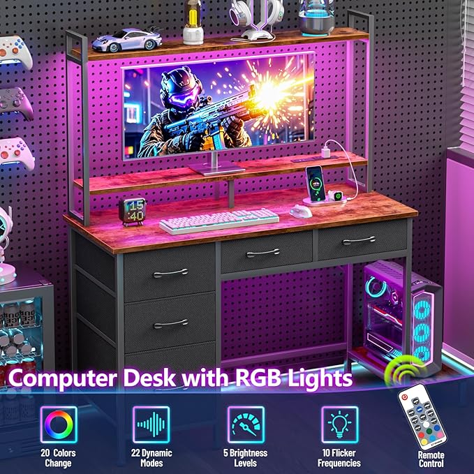 Computer Gaming Desk with Hutch, Home Office Desk with Power Outlets, LED Light - Image 6