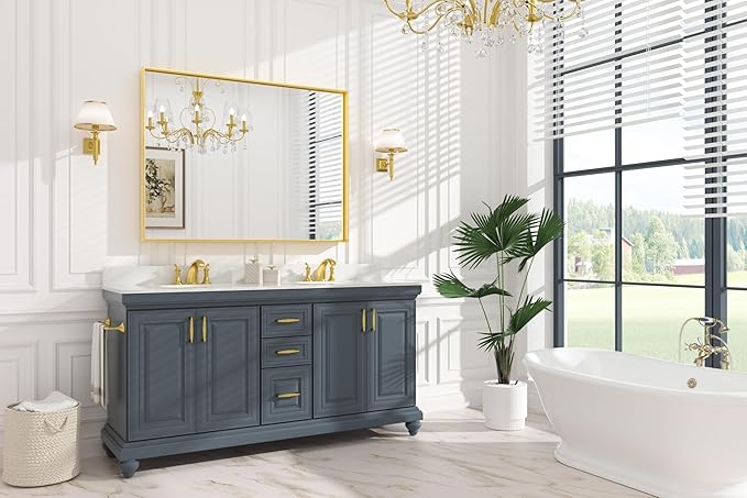 Keonjinn Gold Bathroom Mirror 48” x 36” Brushed Gold Metal Framed Mirror - Image 2