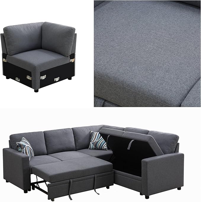 L Shaped Sectional Couch with Pull Out Bed, Convertible Sleeper Sofa Bed Couch - Image 4