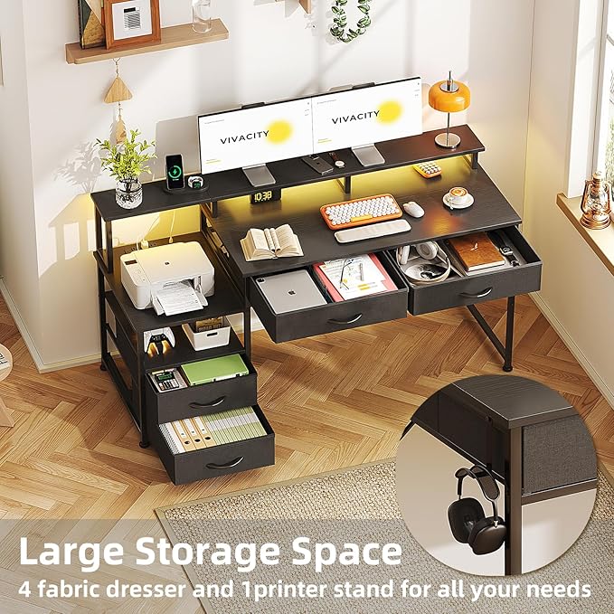 53" Computer Desk with 4 Drawers & Power Outlets, Reversible Home Office Desk - Image 4