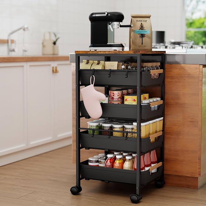 5-Tier Kitchen Storage Cart, Wood Top Rolling Cart Organizer - Image 2