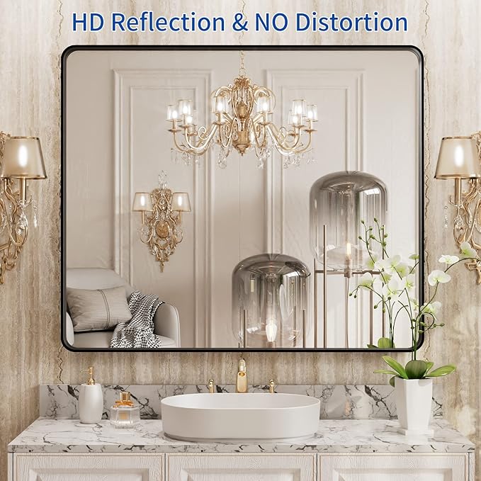 WEER 36X30 Inch Black Metal Framed Bathroom Mirror, Matte Black Bathroom Vanity - Image 2