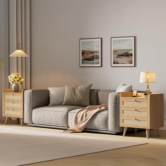 Rattan Nightstand with Charging Station, Night Stand with 3 Large Drawers - Image 8