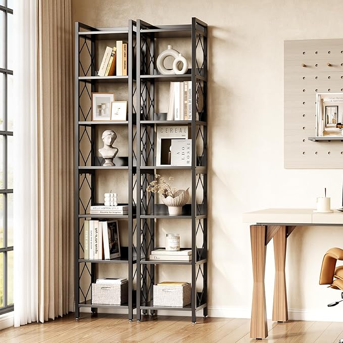 LITTLE TREE Book Shelf Set of 2, 7-Tier Tall Bookcase, Wooden Display Shelves - Image 2