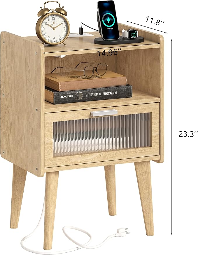 Nightstand with Charging Station, Bedside Tables with Glass Decorative Door - Image 3