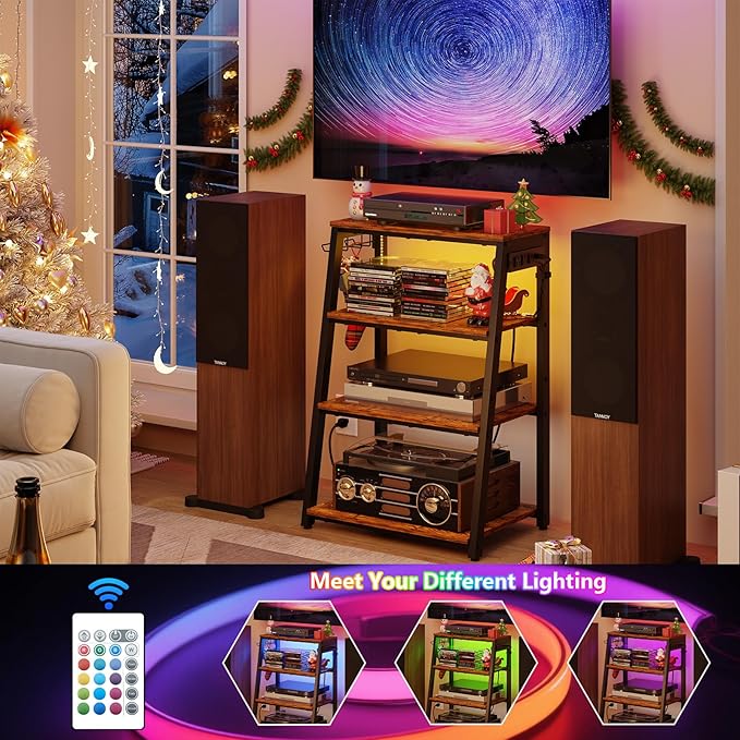 4-Tier AV Media Stand with Power Strips, Heavy Duty Stereo Cabinet Stand with - Image 3