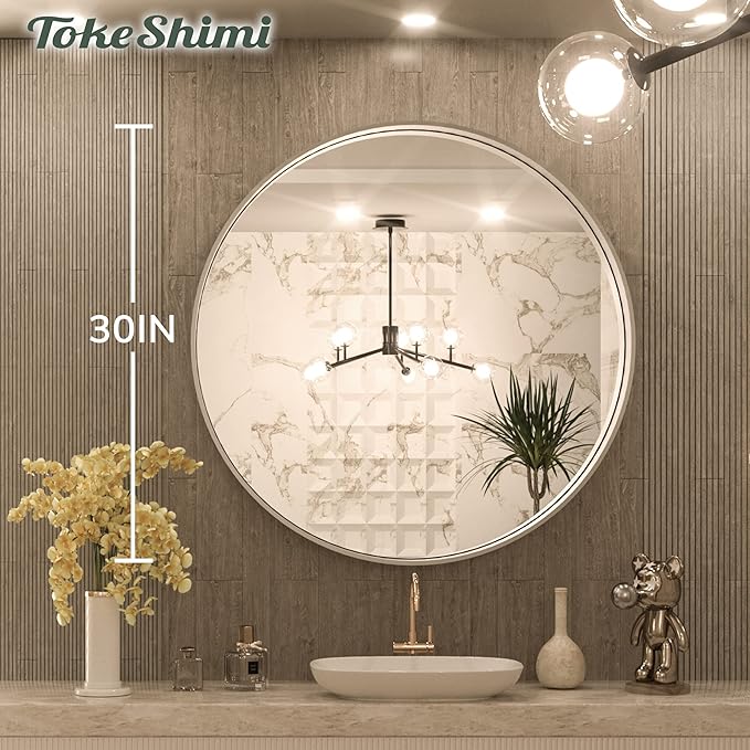 TokeShimi Round Mirror 30 Inch Brushed Silver Round Bathroom Mirror - Image 8