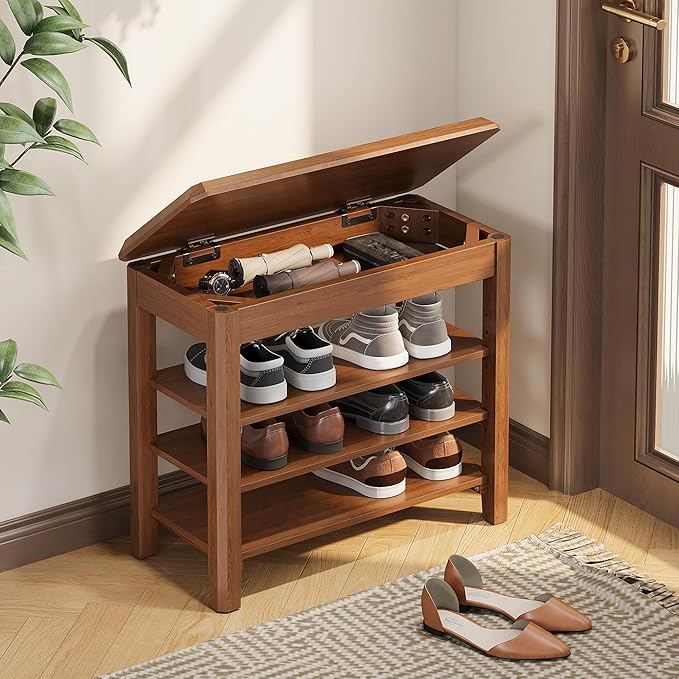 Shoe Rack Bench Seat Rubberwood 3-Tier Wooden Storage Bench 550lbs Compact by IUNVR