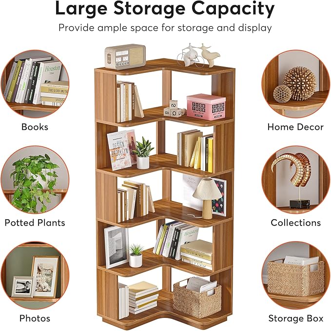 LITTLE TREE 6-Shelf Corner Bookshelf, 65” Tall L Shaped Bookcase, 6-Tier - Image 8