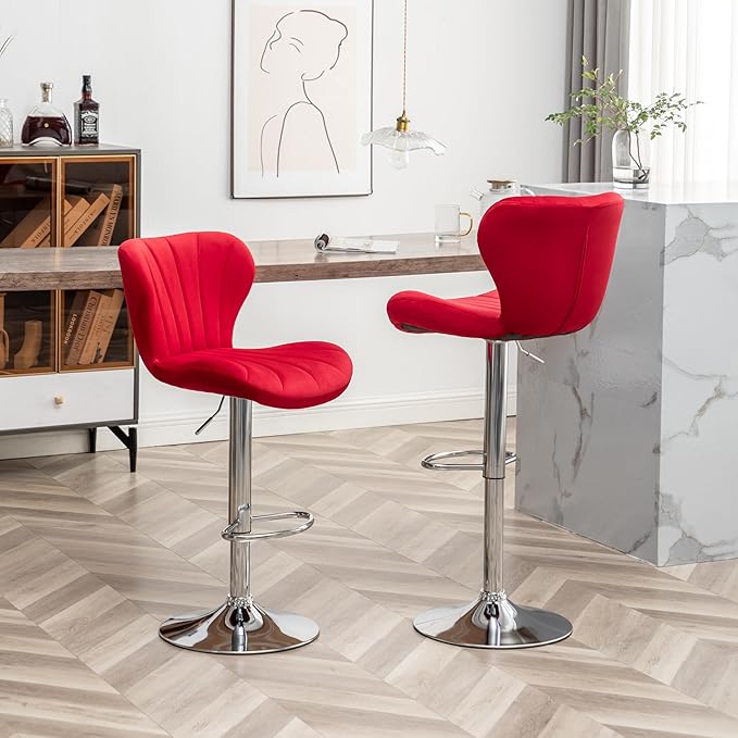 Roundhill Furniture Ellston Velvet Adjustable Swivel Barstools in Red - Image 2