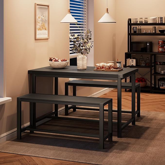 Dining Table Set for 4 with 2 Benches, 3-Piece Kitchen Table Set, Space-Saving by SLEKVERSA