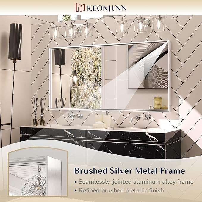 Keonjinn 48 x 24 in Brushed Silver Bathroom Vanity Mirror Rectangular Metal - Image 6