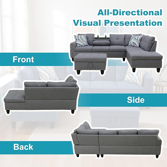 Couches for Living Room Modern L Shaped Couch Comfy Linen Fabric 3 Pieces - Image 6