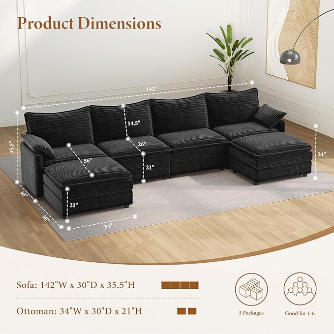 Vesgantti 142" U Shaped Sectional Couch, Comfy Cloud Modular Sectional Sofa - Image 2
