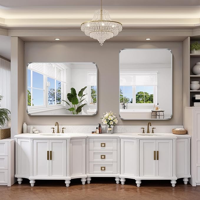 FORBATH 48x40 Inch Large Bathroom Mirror, Brushed Silver Deep Frame Wall Mirror - Image 2