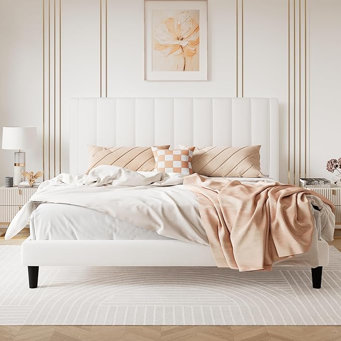 SHA CERLIN King Bed Frame/Velvet Upholstered Platform Bed Frame - Image 8