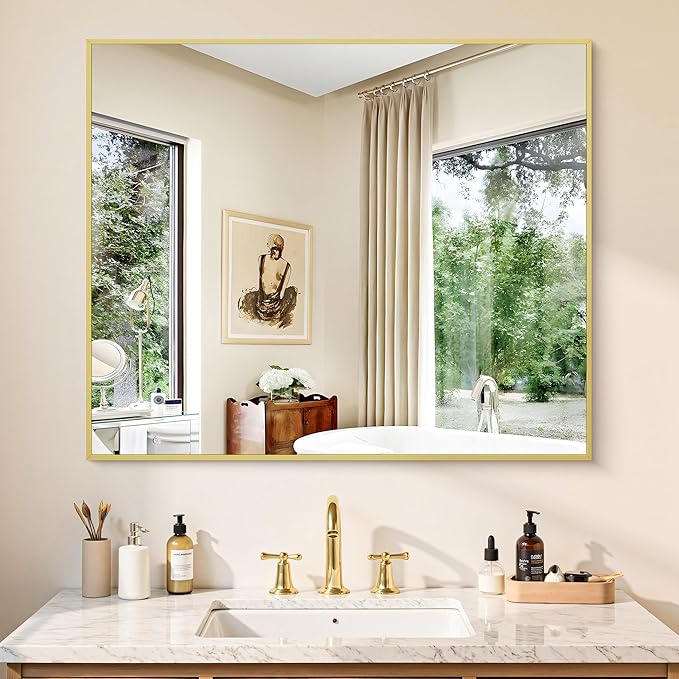 KOCUUY Gold Bathroom Mirror, HD Tempered Glass, Anti-Rust Frame, Modern Design - Image 2