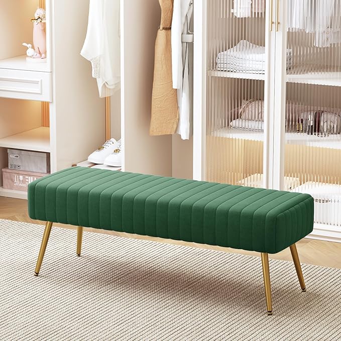 Furniliving 44 Inch Entryway Benches, Upholstered Tufted Striped Fabric Ottoman - Image 8