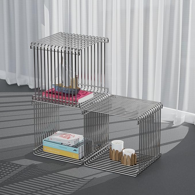 Square Geometry Retro Side Table Prime-Stainless Steel Linear Metal End Table - Image 5