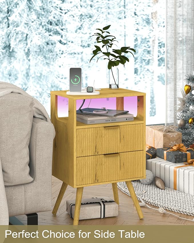 Nightstand with Charging Station and LED Lights, Modern Bedside Table with 2 - Image 6
