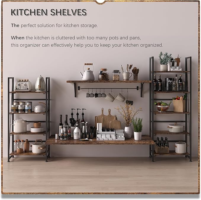 4NM No-Assembly Folding Bookshelf Storage Shelves 4 Tiers Vintage Bookcase - Image 6