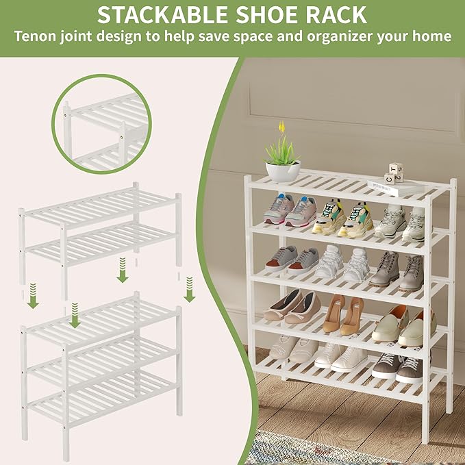 2 Tier Bamboo Shoe Rack for Closet Free Standing Wood Shoe Shelf for Entryway - Image 5