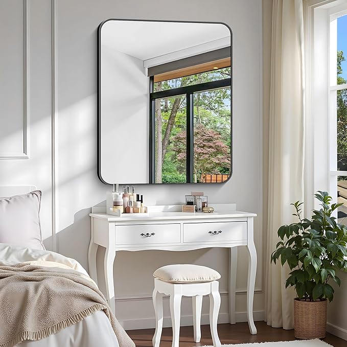 Bathroom Mirror, 36 x 30 inch Metal Framed Black Rectangle Mirror, Rounded - Image 6