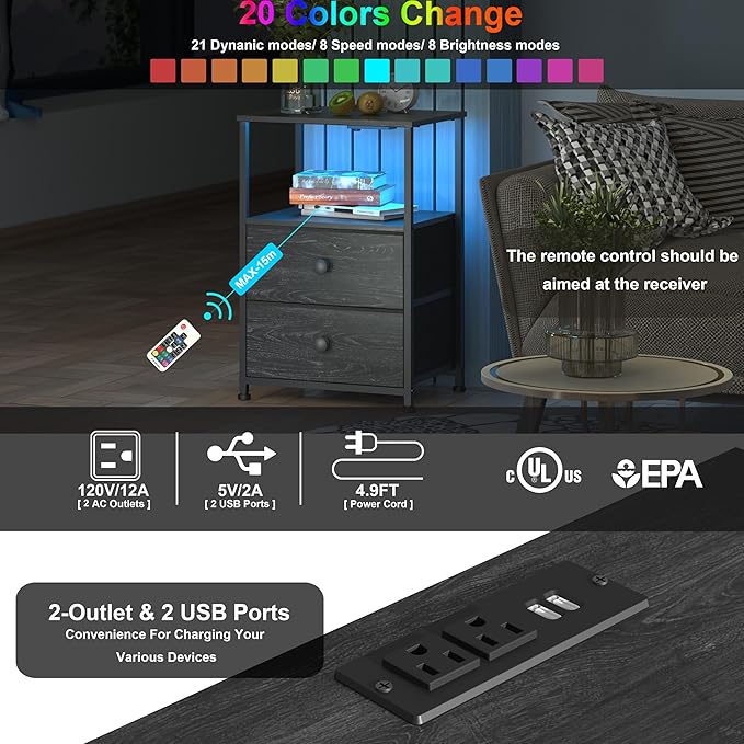 Tohomeor End Table with Charging Station, LED Light, Fabric Drawers, and USB - Image 3