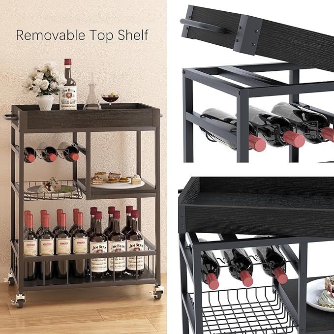 Bar Cart with Basket 3 Tiers Home Rolling Wine Rack with Wheels Mobile Kitchen - Image 9