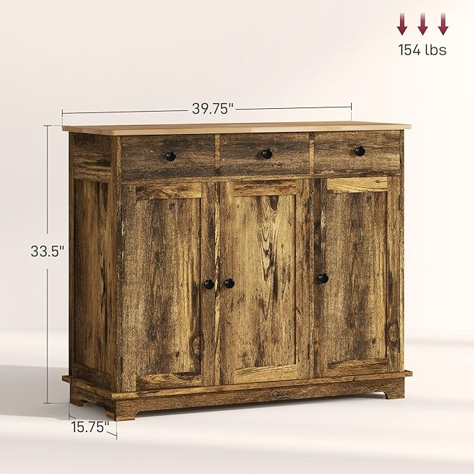 HOMCOM Sideboard with Solid Wood Countertop, Modern Kitchen Storage Cabinet - Image 3