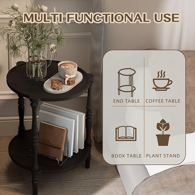 Accent Wood End Table, 2-Tier Round Bedside Table, Natural Side Table Nightstand - Image 4
