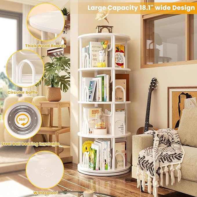 Aheaplus 4 Tier Rotating Bookshelf Tower, 360 Display Spinning Bookcase - Image 5