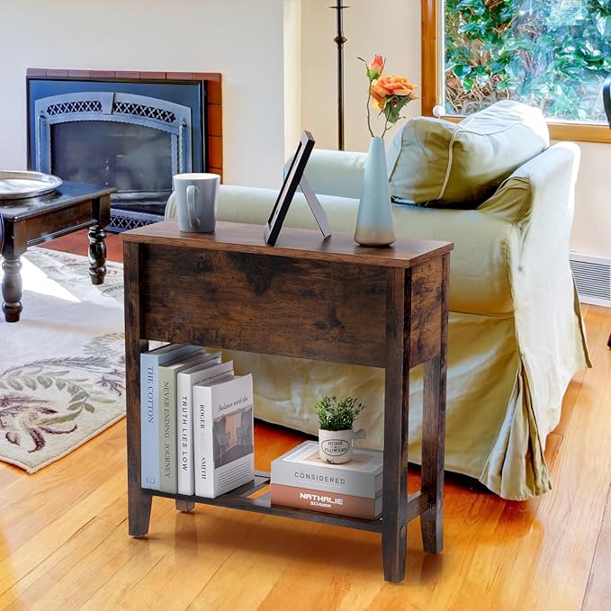 Brown Chairside Narrow End Table, Solid Wood Recliner Side Table - Image 6