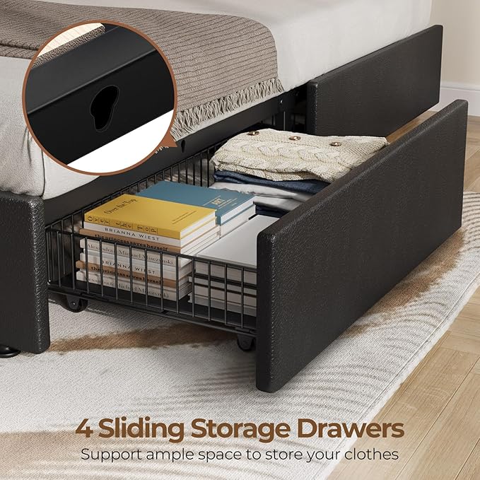 Rolanstar Queen Bed Frame with 4 Storage Drawers and Charging Station, Queen - Image 7