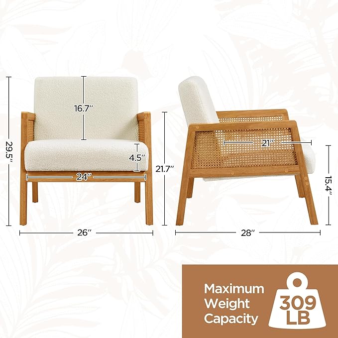 Yaheetech Boucle Fabric Accent Chair, Vintage Rattan Vanity Chair - Image 3