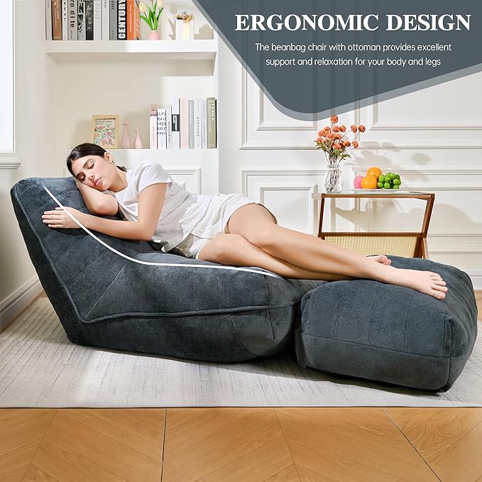 Bean Bag Chair with Ottoman, Comfy Bean Bag Sofa with Memory Foam, Lazy BeanBag - Image 4